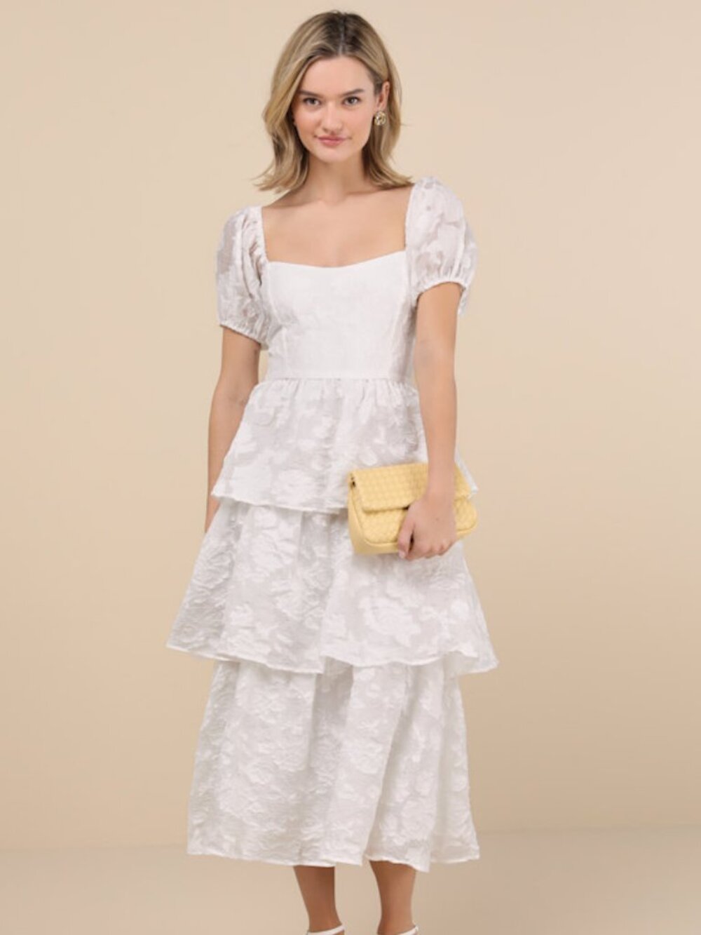 NWT Lulus Mesmerizing Sweetheart Ivory Jacquard Puff Sleeve Midi Dress White